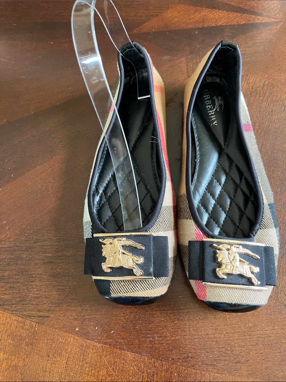 Burberry Tan Check Ballet Flats with Black Ribbon & Gold Crest